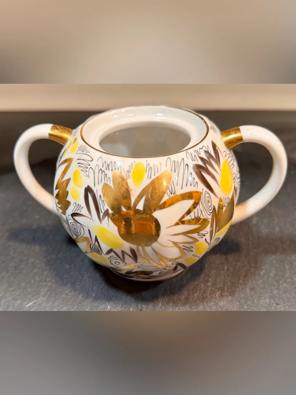 Vintage Lomonosov USSR Golden Daisy Porcelain Coffee Set - 9 Piece Partial Set